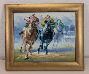 Vintage Anthony Veccio Signed Painting Racetrack Horse Racing Framed 34cmx29cm B - Picture 1 of 20