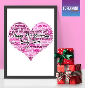 Personalised 21st birthday pink heart wordart print perfect Birthday/Anniversary - Picture 1 of 2
