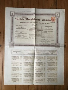 Titel 5 Aktien: BRITISH MOLYBDENITE CY (UK) (A3) - Bild 1 von 1