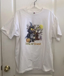 VTG Halloween T-shirt Trick Or Treat Cat White Adult XL Short Sleeve Wizard - Picture 1 of 7