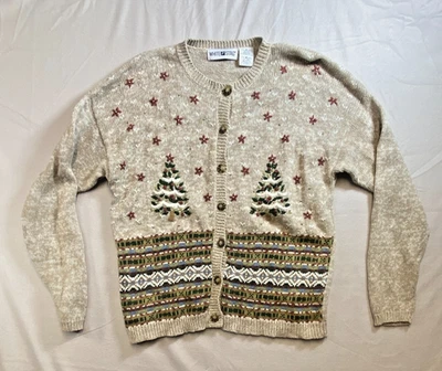 White Stag Christmas Tree Embroidered Bead Sweater Cotton Ramie Holiday Medium - Image 1 of 4