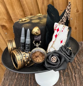 Unique Black Steampunk Top Hat Feathers Goggles Pocket watch Cards 57cm (27)j - Picture 1 of 9