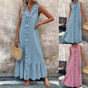Women V Neck Maxi Dress Frill Sleeveless Holiday Beach Summer Baggy Sundress - Picture 1 of 22