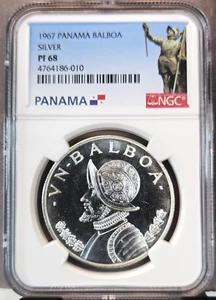 1967 PANAMA SILVER 1 BALBOA VASCO NUNEZ NGC PF 68 SCARCE GEM PROOF - Picture 1 of 3