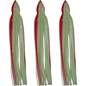 5.5" to 8.5" Octopus Hoochie Squid Skirt - Glow In Dark Green with Red - 3 Pack