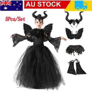 Halloween Cosplay Costume 5pcs/Set Kids Maleficent Dress Headband Girl Outfits - Picture 1 of 17