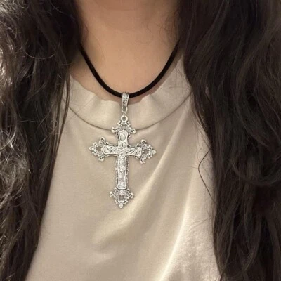 Silver Gothic Cross Necklace Floral Design Big Punk  Silver Tone Black Velvet - Image 1 of 4