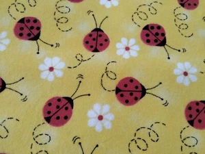 Ladybug Flower Print Charms Patty Reed Yellow Cotton Flannel Fabric 46x45 - Picture 1 of 5
