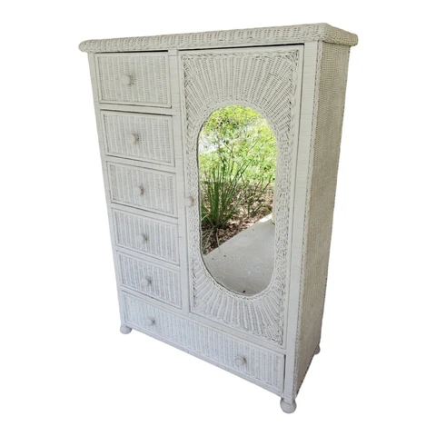 Vintage Wicker Armoire Wardrobe Storage Cabinet Dresser Mirrored French Country Cover