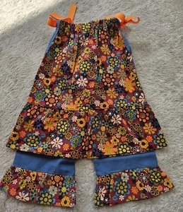 Adorable SKIRT PANTS Set Outfit Blue Fall Orange Yellow Green Boho Floral 4T 5 6 - Picture 1 of 3