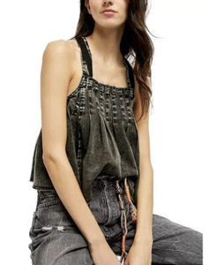 Free People Marina Denim Top Crisscross Back Strap Pleated Size Medium RGT 🌹 - Picture 1 of 8