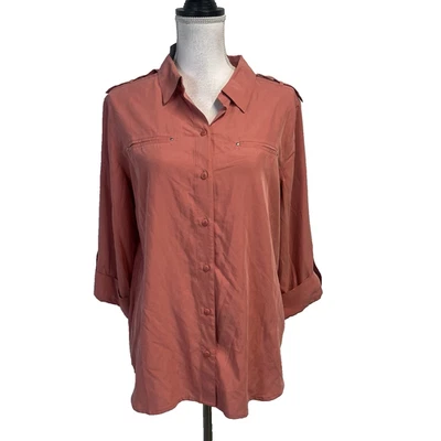 Camisa Blusa Chico's Talla 10 12/2 Santa Fe Coral Secreto Seda Carrera Informal Bolsillos Foto 1 de 4