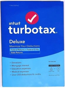 ⚡ NEW Turbotax Deluxe 2022 Federal Returns E-File + State PC/Mac CD/Download⚡ - Picture 1 of 6