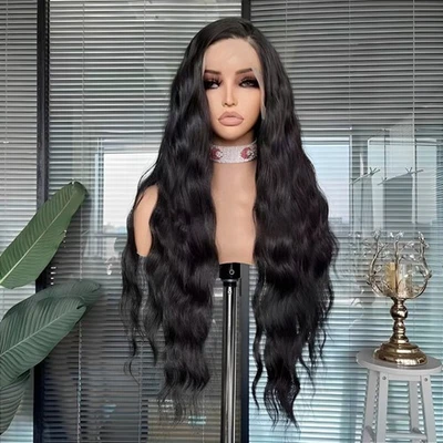 Термостойкий парик с длинными волнистыми волосами черный женский натуральный HD кружевной спереди - Изображение 1 из 4
