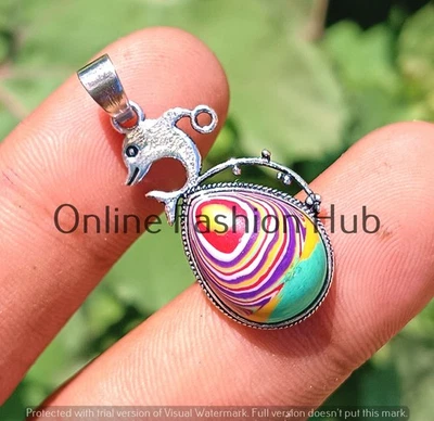 Joia de pedra preciosa pandante golfinho folheada a prata esterlina 925 com calsílica arco-íris - Imagem 1 de 2