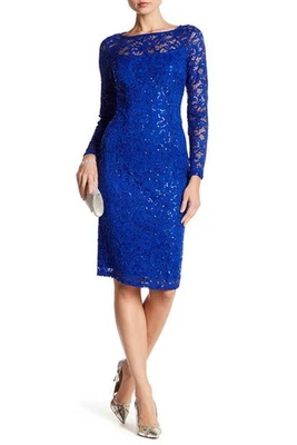 nwt Marina Sequined Long Sleeve Lace Dress in Cobalt Blue 12 $139 - Image 1 of 3