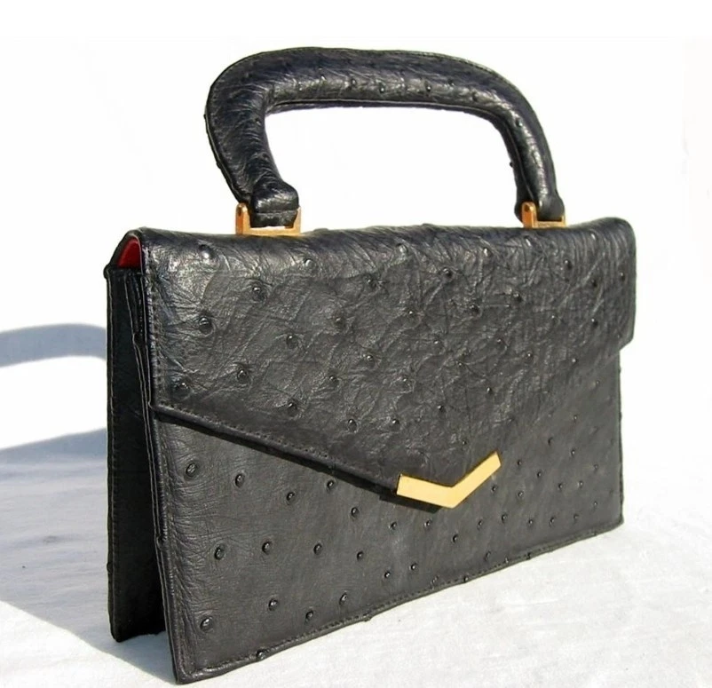 Bolso de mano vintage Koret piel de avestruz con asa superior forro negro rojo RARO Foto 1 de 4