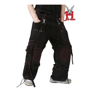 Gothic Herren Hose Schwarz Rot Cyberpunk Techwear mit Ketten & Trägern - Bild 1 von 7