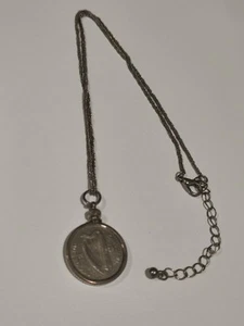 Necklace 1928 Irish Wolfhound Six Pence Harp Coin Pendant Silver Tone 18" Chain - Picture 1 of 4