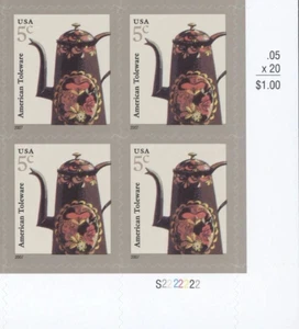 Bloque de 4 placas de estampillas Scott #3756 US American Toleware American Design 5c - Imagen 1 de 1