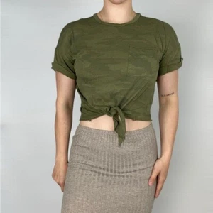 NSF Arlene Front Tie Tee Crop Top in Camo Pocket Raw Cut Roll Hem - Picture 1 of 5
