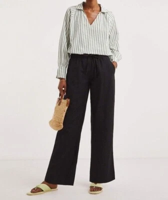JD WILLIAMS LADIES BLACK LINEN MIX STRAIGHT LEG REGULAR L29" TROUSERS (435/525)