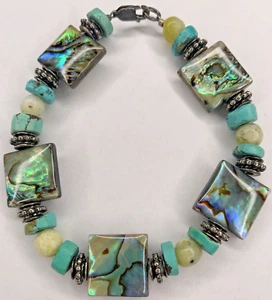 VTG Sterling 925 Abalone Shell Turquoise Chip Calcite Bead 6.75” Bracelet 22G - Picture 1 of 9