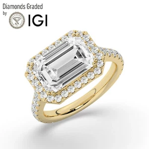 Emerald Labgrown Diamond East West Halo Engagement Ring 14k Yellow Gold 5 Ct - Picture 1 of 23