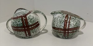 Blue  Ridge Southern Potteries Green Plaid Brown Stripes Cream & Sugar Bowl  Set - Picture 1 of 6
