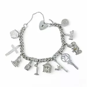 Vintage 1973 Sterling Silver Charm Bracciale,11 Ciondoli & Lucchetto Cuore,Orso - Picture 1 of 12