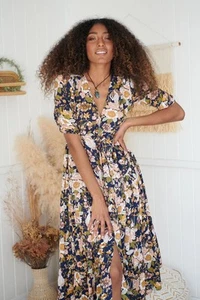 Jase Dress Xtra Small V Neck Maxi Fairy Woodland Boho Garden Flowy Navy Cotton - Picture 1 of 10