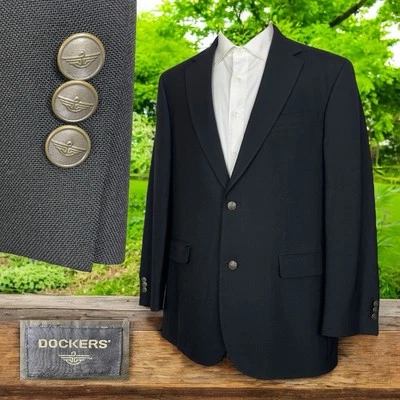 Dockers Blazer Jacket Mens 42L Black Textured Polyester Wool Brass Metal Buttons - Image 1 of 4
