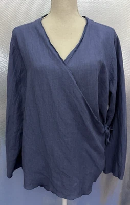 J. Jill Top Womens Sz XL Blue Linen Blend V Neck Lightweight Tie Wrap - Image 1 of 4