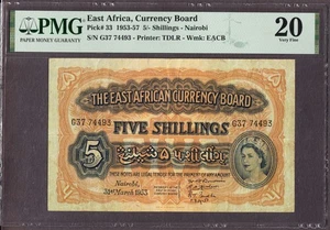 East Africa 5/- Shillings QEII First issued date 31.03.1953 Pick-33 VF PMG 20 - Picture 1 of 2