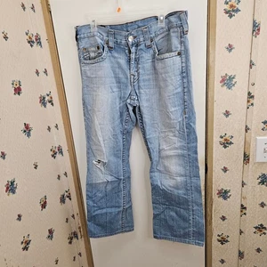 True Religion Brand Men's Straight Size 34 Blue Jeans, Distressed - Picture 1 of 6