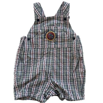 Vintage OshKosh Trusts Tide Baby Shortall Overalls 3-6 M Plaid Bug Club 90s Y2K - Image 1 of 4