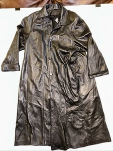 Vintage Tibor schwarzer Leder Trenchcoat 2XL gefüttert Taschen vorne offen wattiert voll - Bild 1 von 10