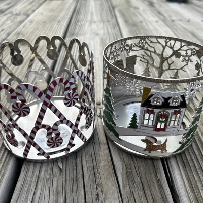 Lot Of 2 Bath & Body Works Christmas 3 Wick Candle Holders Candy Canes Dog Tree - Image 1 of 4