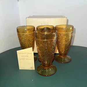 Vntg 1970 NOS Indiana Glass Tiara Exclusive (4) Amber Sandwich Iced Tea Glasses - Picture 1 of 19
