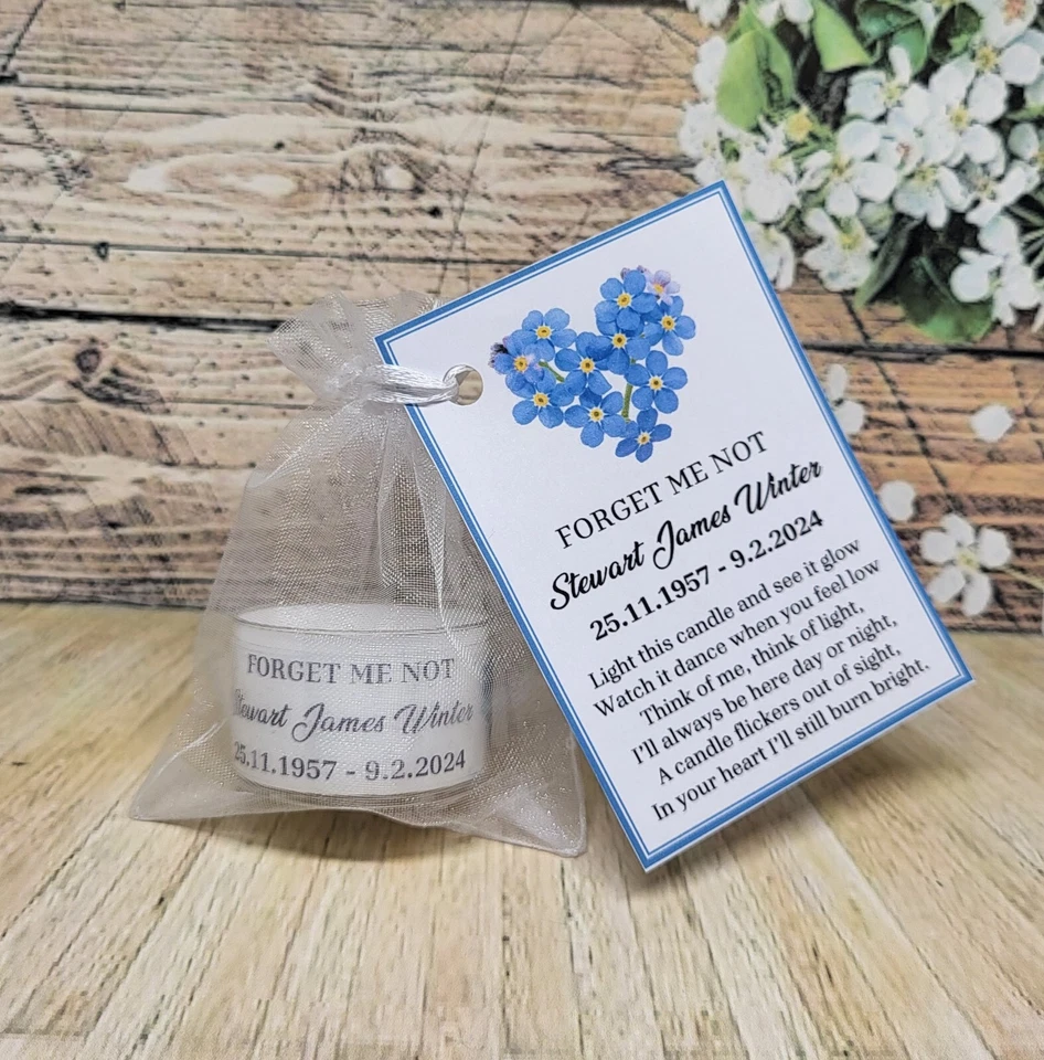 Personalised Funeral Memorial FORGET ME NOT tealight size candle favours - Image 1 of 4