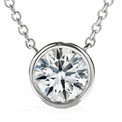 ***14K Solid White Gold 1CT Round Solitaire Bezel Set Chain Pendant Necklace*** - Image 1 of 1