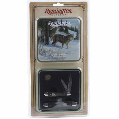 Remington Timber Wolves Peanut Stockman Knife Gift Set Tin Black Green Micarta - Image 1 of 2
