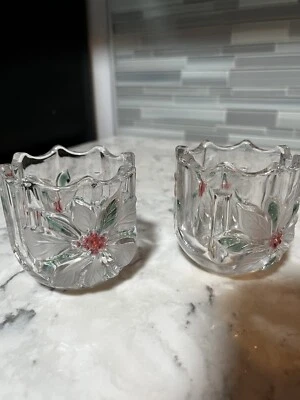 "Dos candelabros de cristal Mikasa Holiday Bloom Poinsettia 3"" pesado, WY526/610" Foto 1 de 4