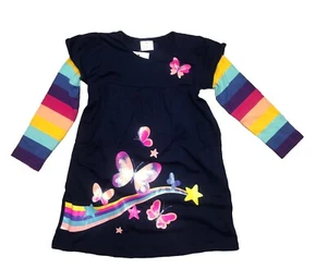 Vikita Dress Toddler Girls 3-4y Navy Butterflies Rainbow Long Sleeve Pockets NEW - Picture 1 of 9