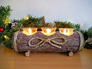 Rustic Log Tealight Candle Holder Christmas Centrepiece Window Decoration Gift - Picture 1 of 9