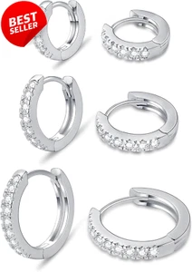 3 Pairs Tiny Hoop Earrings Set – 8/10/12mm White Gold CZ Huggie (Not returnable) - Picture 1 of 12