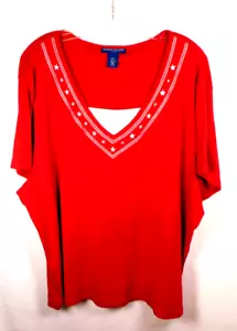 Pullover rosso da donna Karen Scott con stelle metalliche impreziosite sul collo taglia 3X - Foto 1 di 3