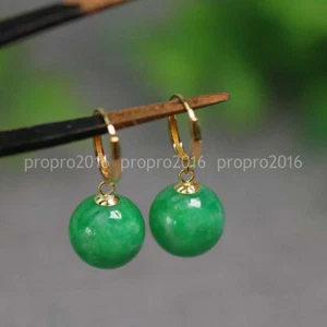 10mm Green Jadeite Jade Round Gemstone Beads Dangle Leverback Earrings - Picture 1 of 5