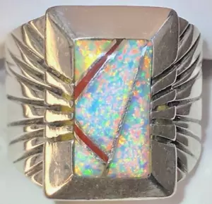 Handsome Vintage Men's Ring Sunset Glow Opal Ox Blood Red SEE VIDEO 10 Benally - Picture 1 of 18
