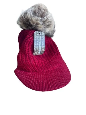 NWT Arctic Paw Winter Hat With Faux Fur Pompom Visor Burgandy NEW With Tags  - Image 1 of 2